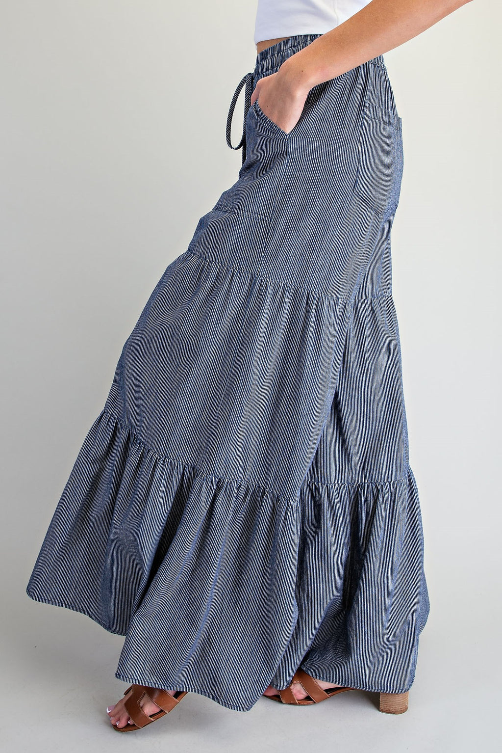 Pinstriped Wide Leg Tiered Pants