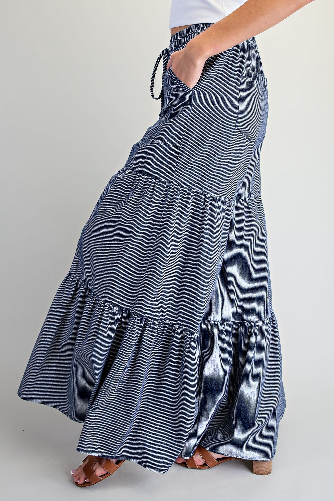 Pinstriped Wide Leg Tiered Pants