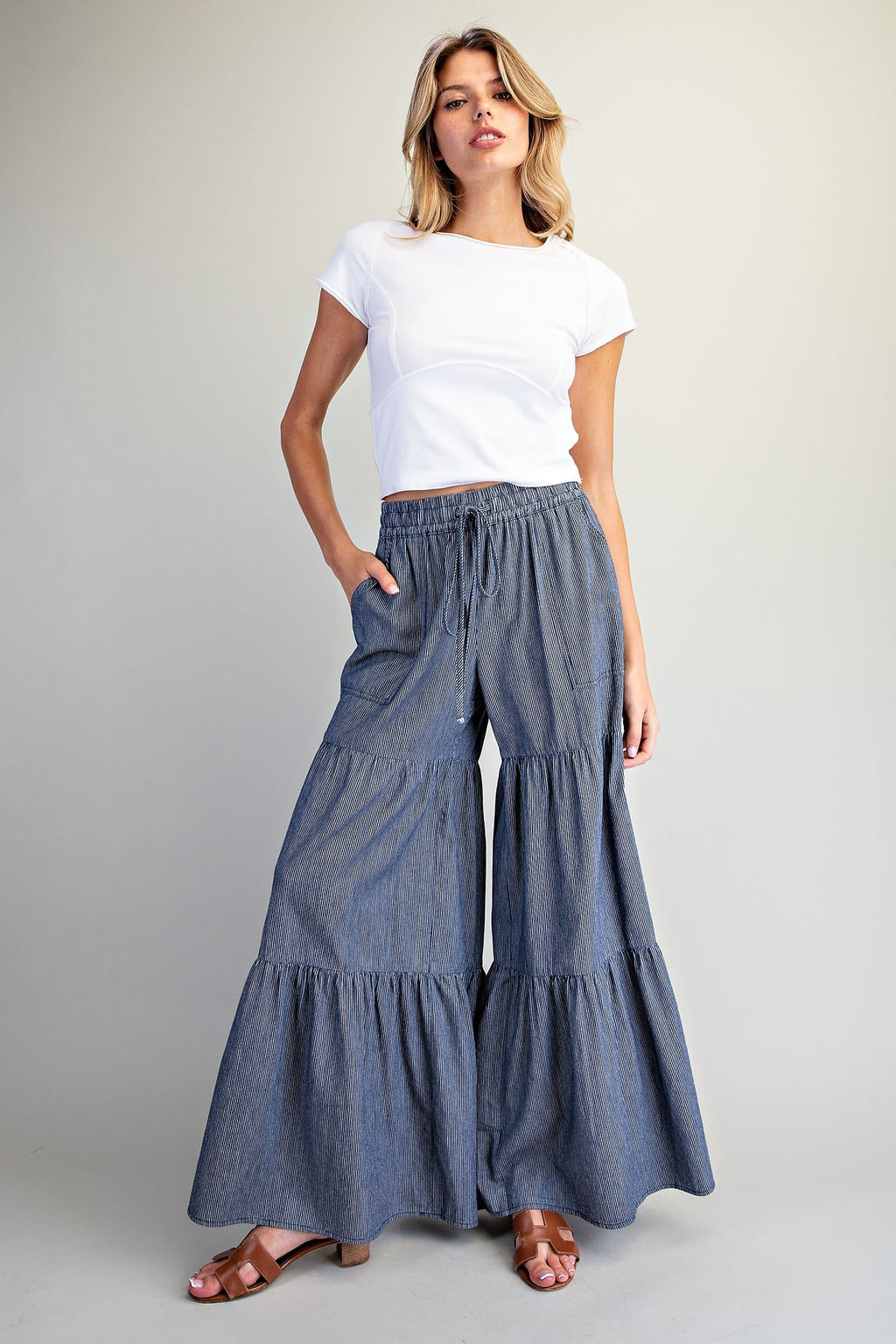 Pinstriped Wide Leg Tiered Pants