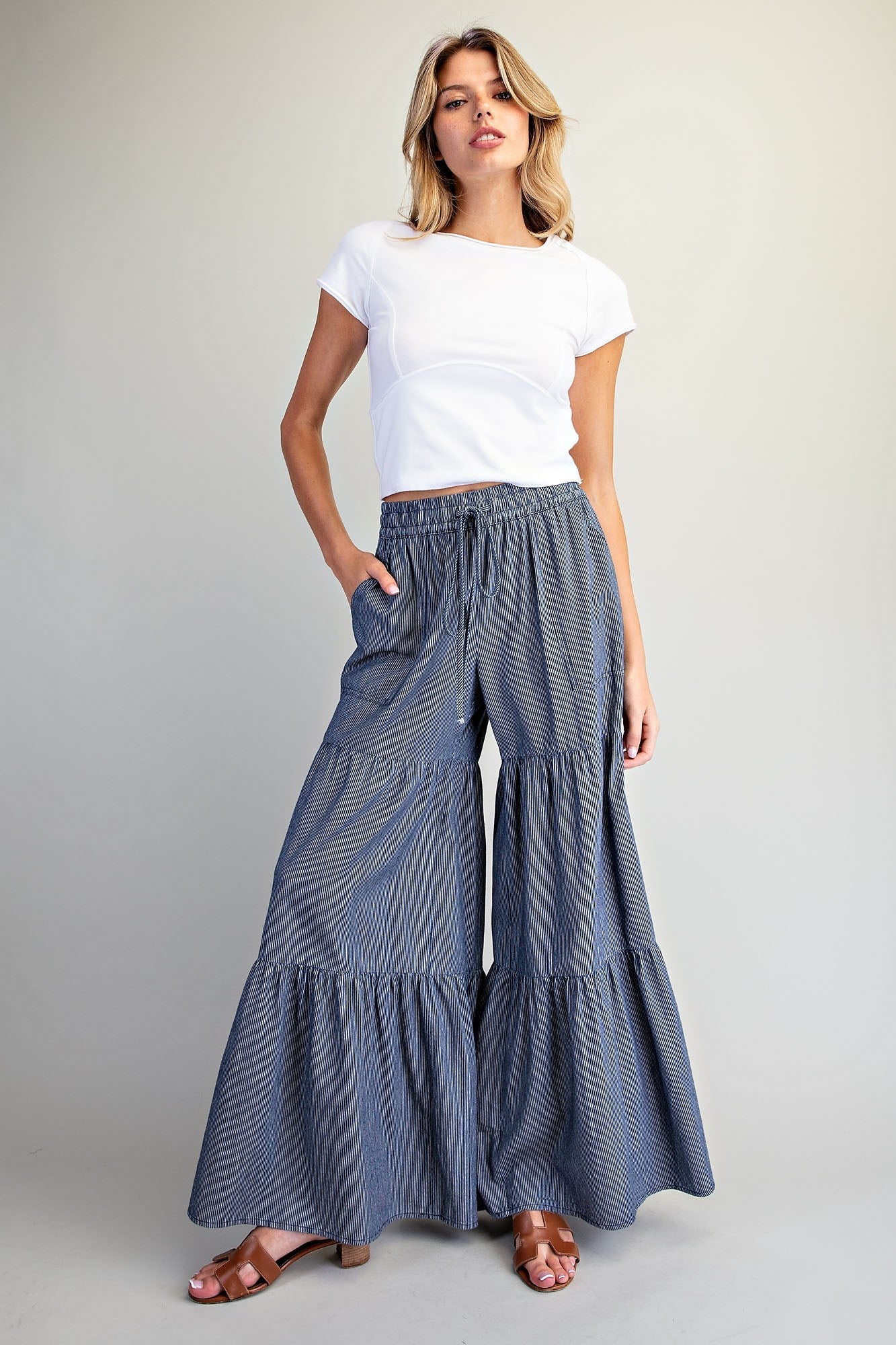Pinstriped Wide Leg Tiered Pants