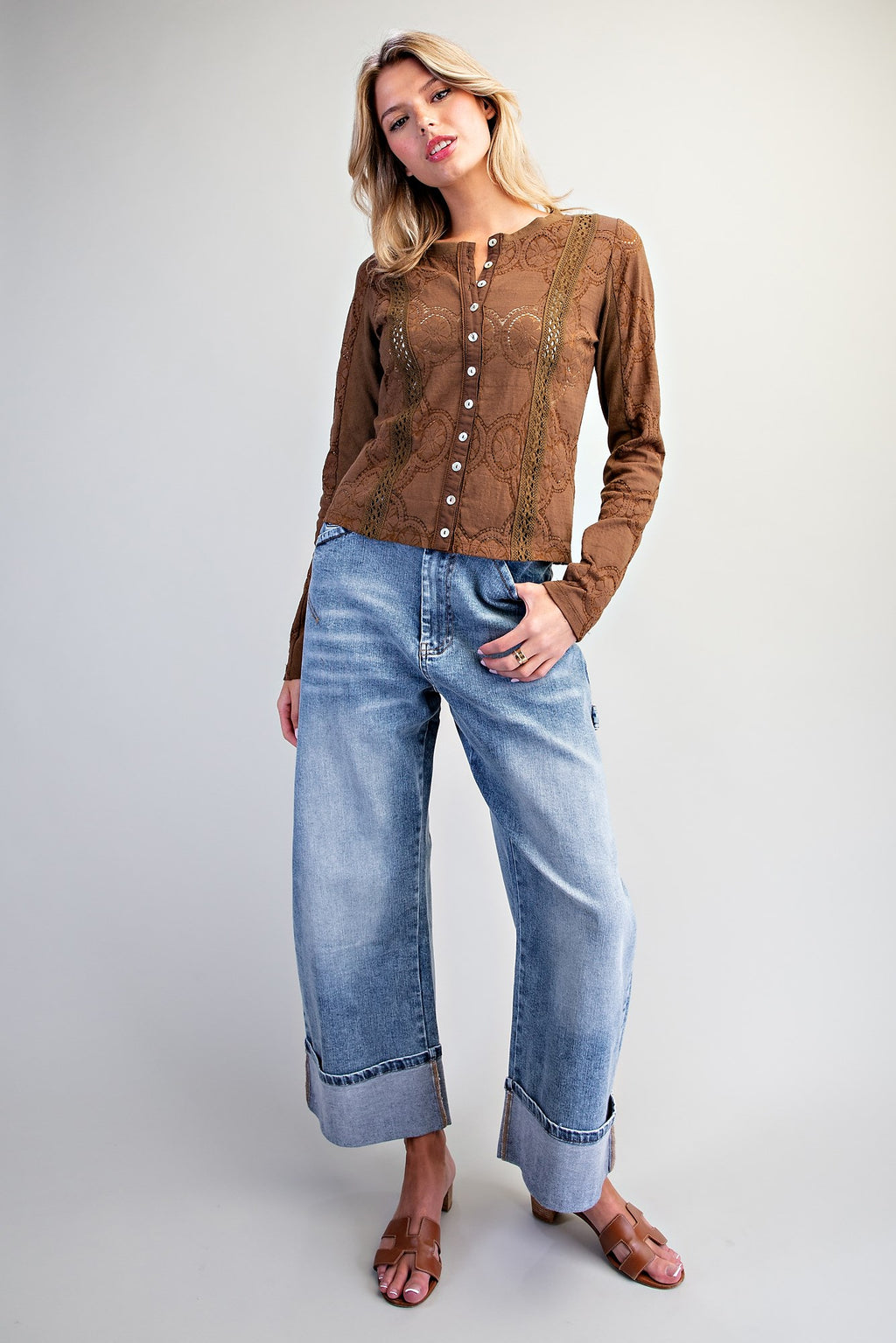 Lace Panel Button Down Top