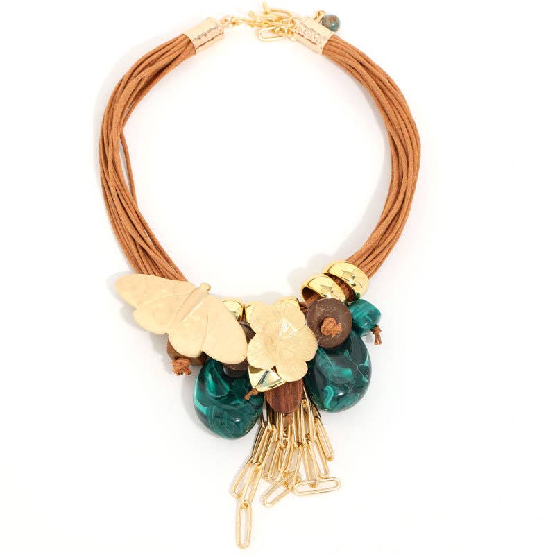Floral & Teal Drop Chunky Necklace in Green/Gold