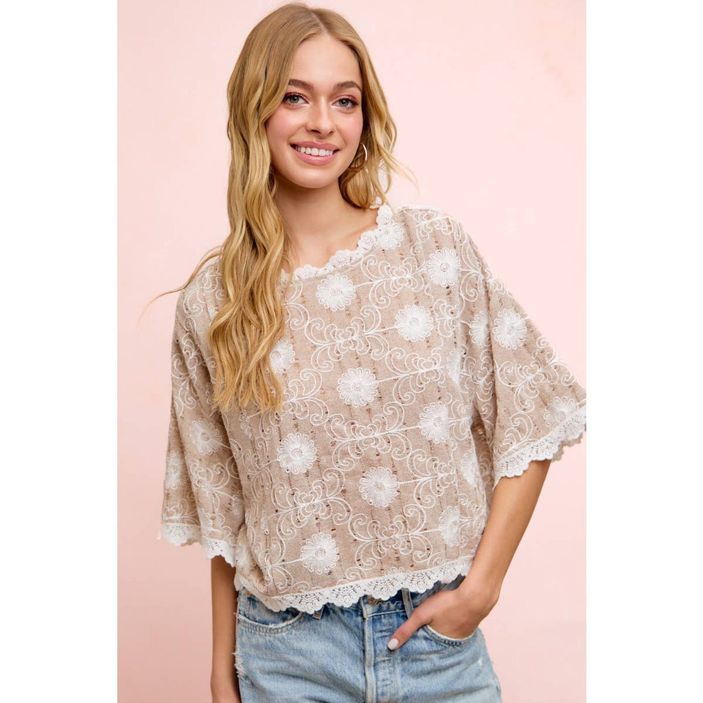 Flower Embroidery and Lace Boho Casual Short Sleeve Top