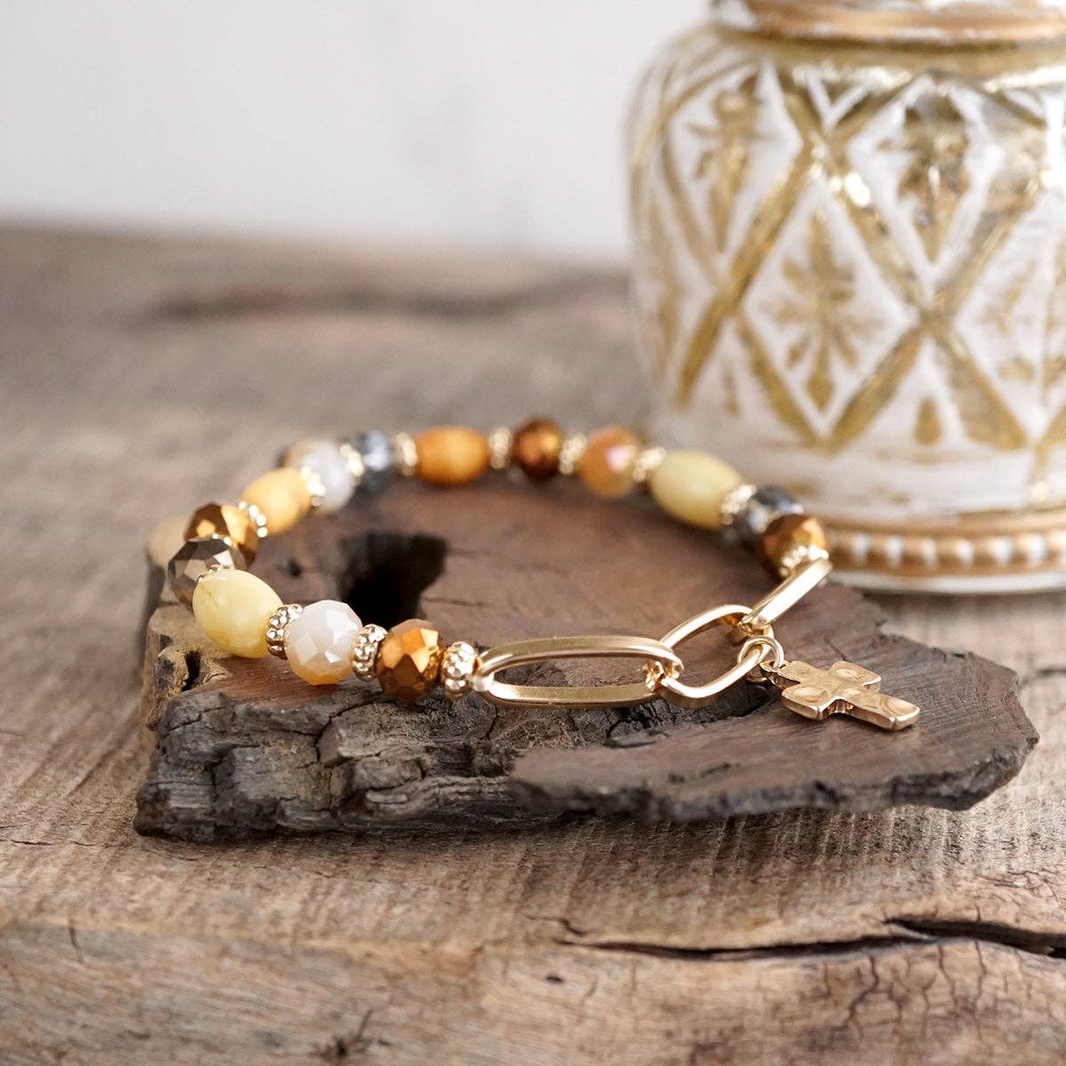 Beaded Cross Charm and Chain Bracelet - Azure Faith