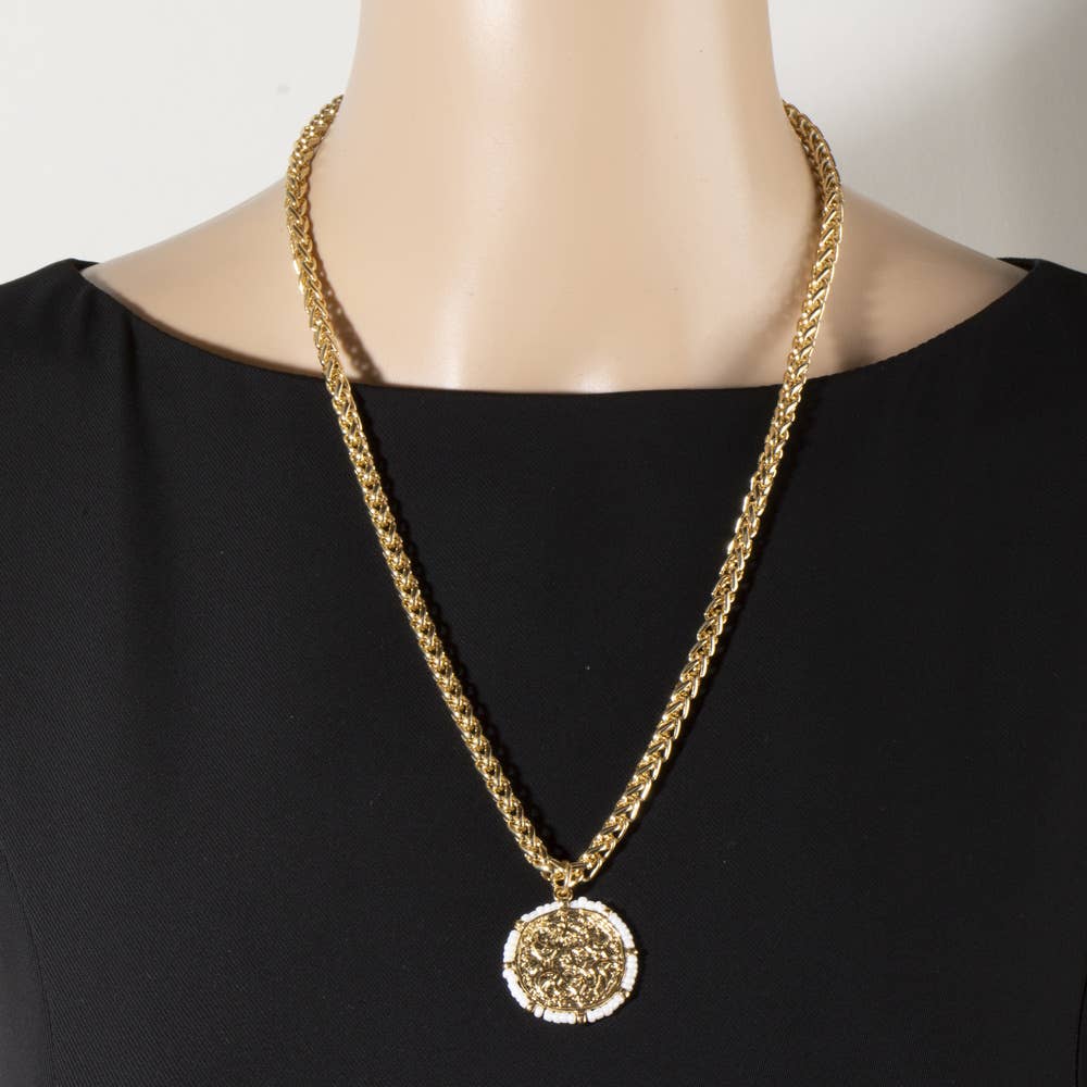 Hammered Coin Pendant Necklace With Seed Bead Rim