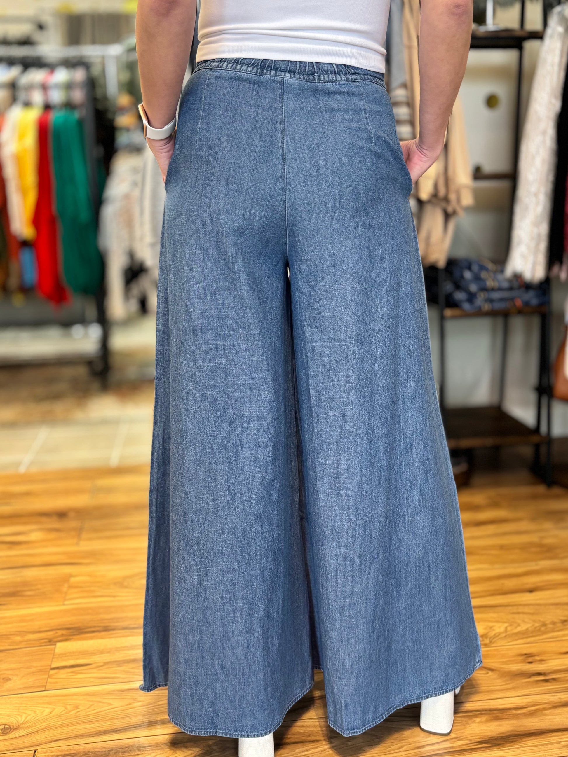 Claire Pintuck Wide Leg Denim Pants