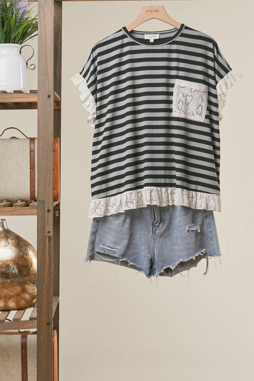 Striped Lace Trim Relaxed Top