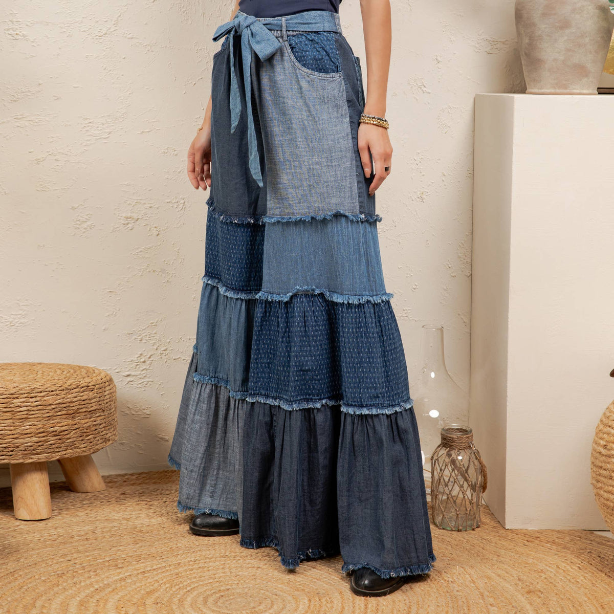 Patchwork Tiered Denim Flare Pants