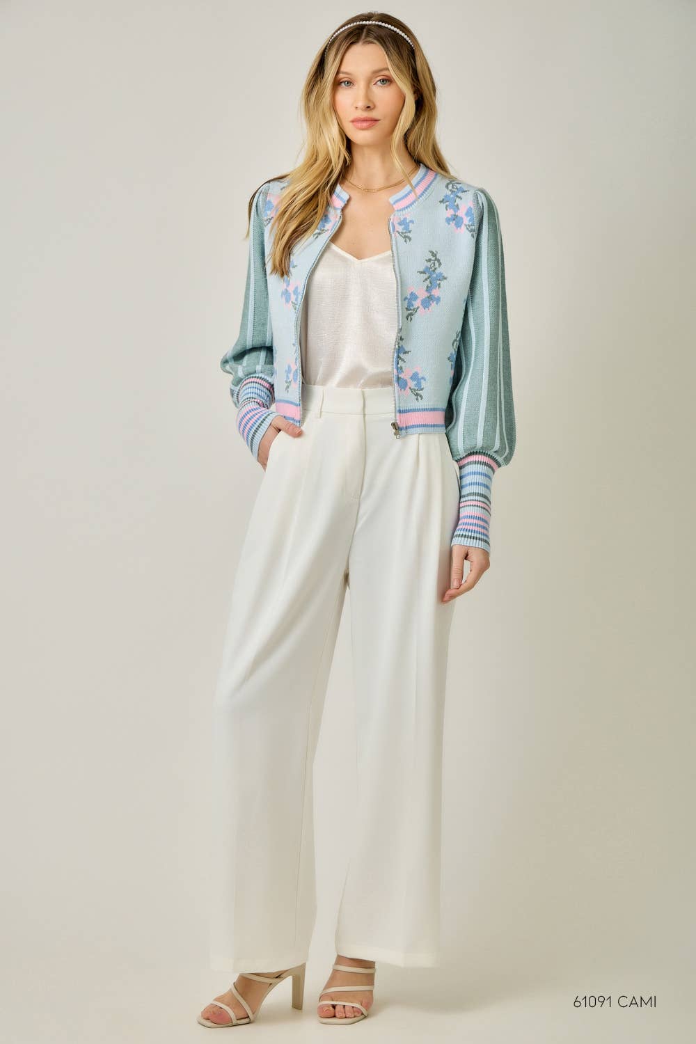 Sweater Floral Zip Bomber Jacket