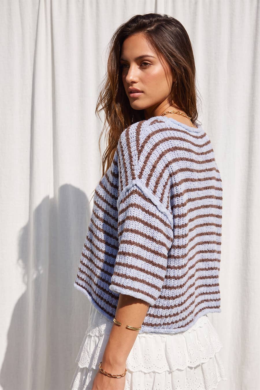 Loose Fit 3/4 Sleeve Striped Crew Neck Top