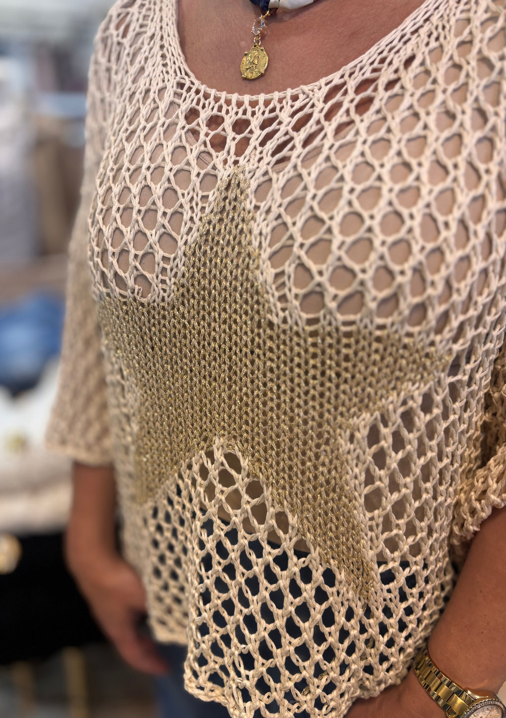 Best-Selling Crochet Top with Metallic Gold Star