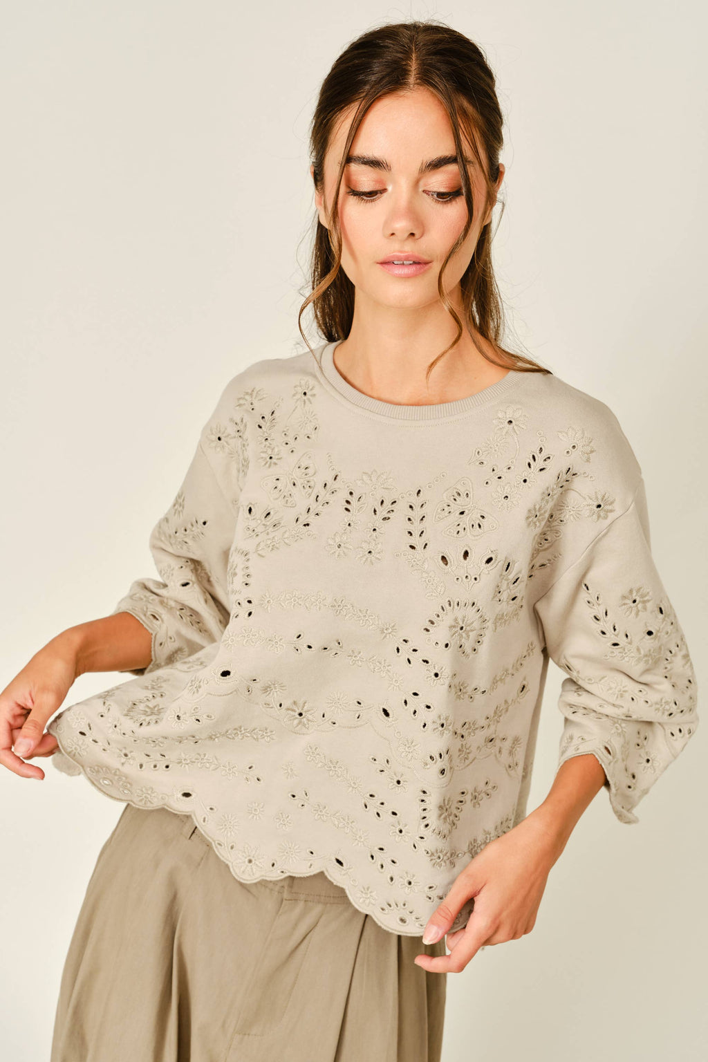 Terry Eyelet Short-Sleeve Sweatshirt