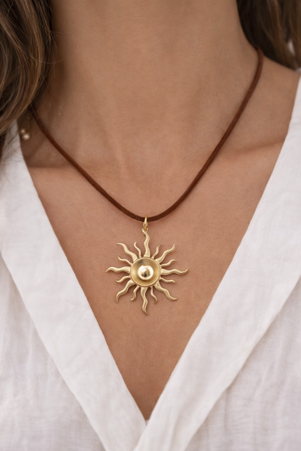 Stainless Steel Large Sunburst Pendant Suede Cord Necklace