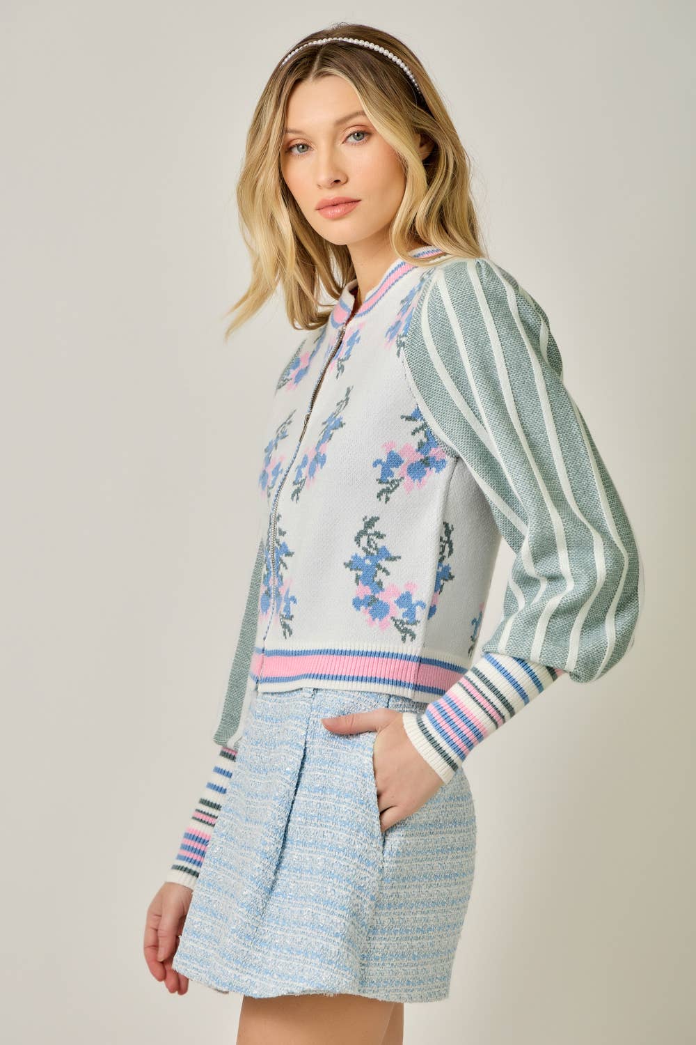 Sweater Floral Zip Bomber Jacket