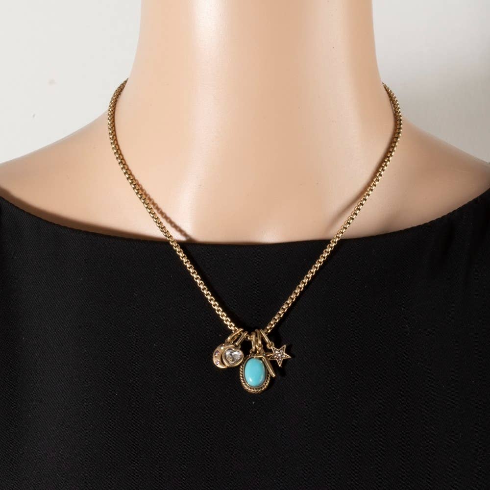 Western Turquoise & Celestial Multi-Charm Box Chain Necklace