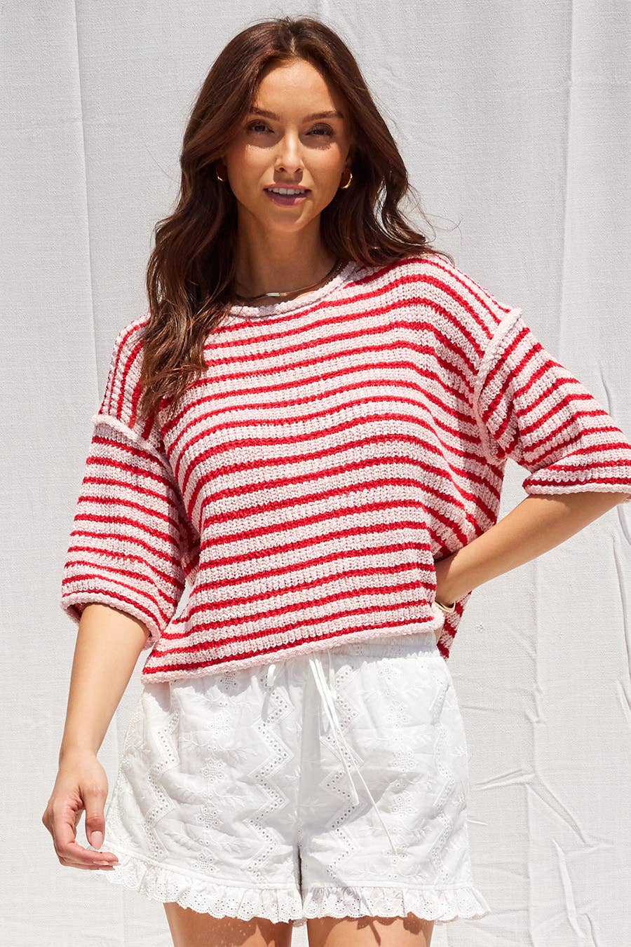 Loose Fit 3/4 Sleeve Striped Crew Neck Top