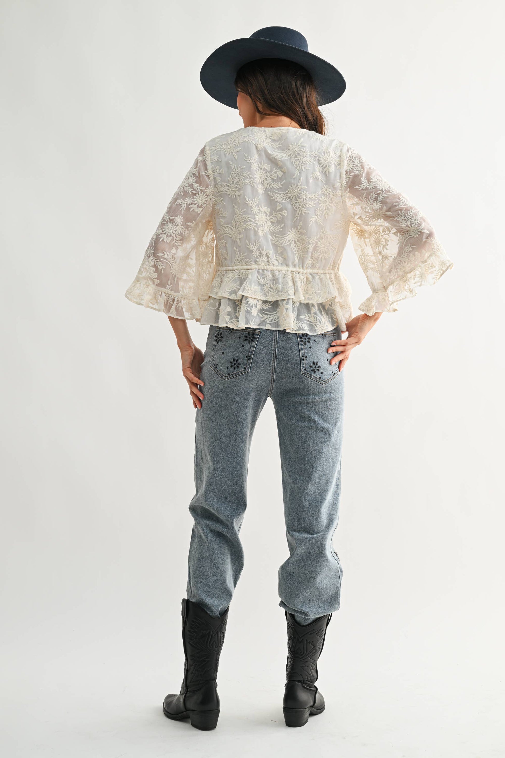Boho Embroidered Sheer Blouse Flowy Bell Sleeves
