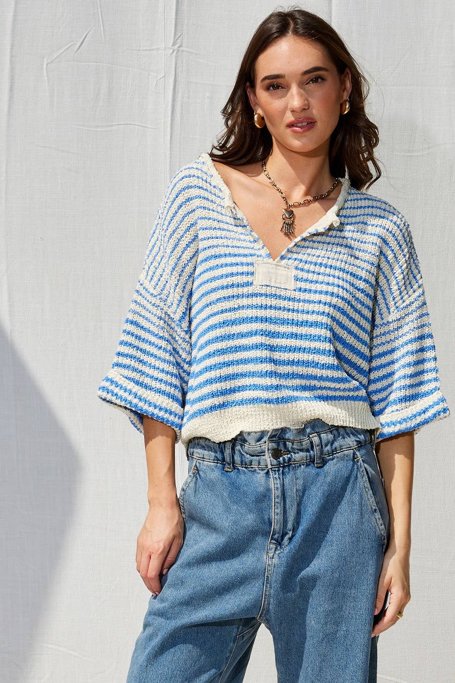 Lightweight Striped Slouchy Sweater w/ V-Neckline