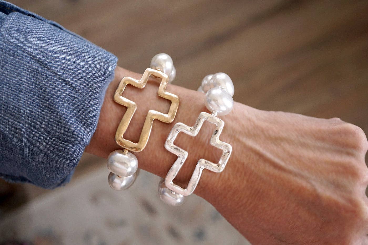 Statement Beaded Cross Bracelet – Chunky Pearl Cross Bracelet Gold Silver