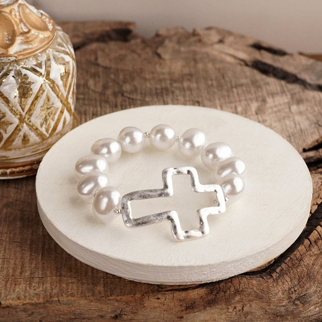 Statement Beaded Cross Bracelet – Chunky Pearl Cross Bracelet Gold Silver
