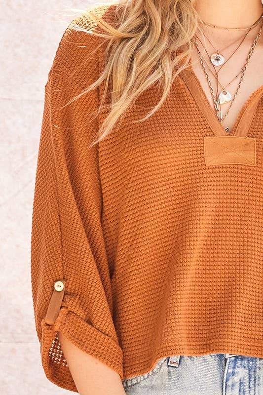 3/4 Sleeves Waffle Knit Cropped Pullover