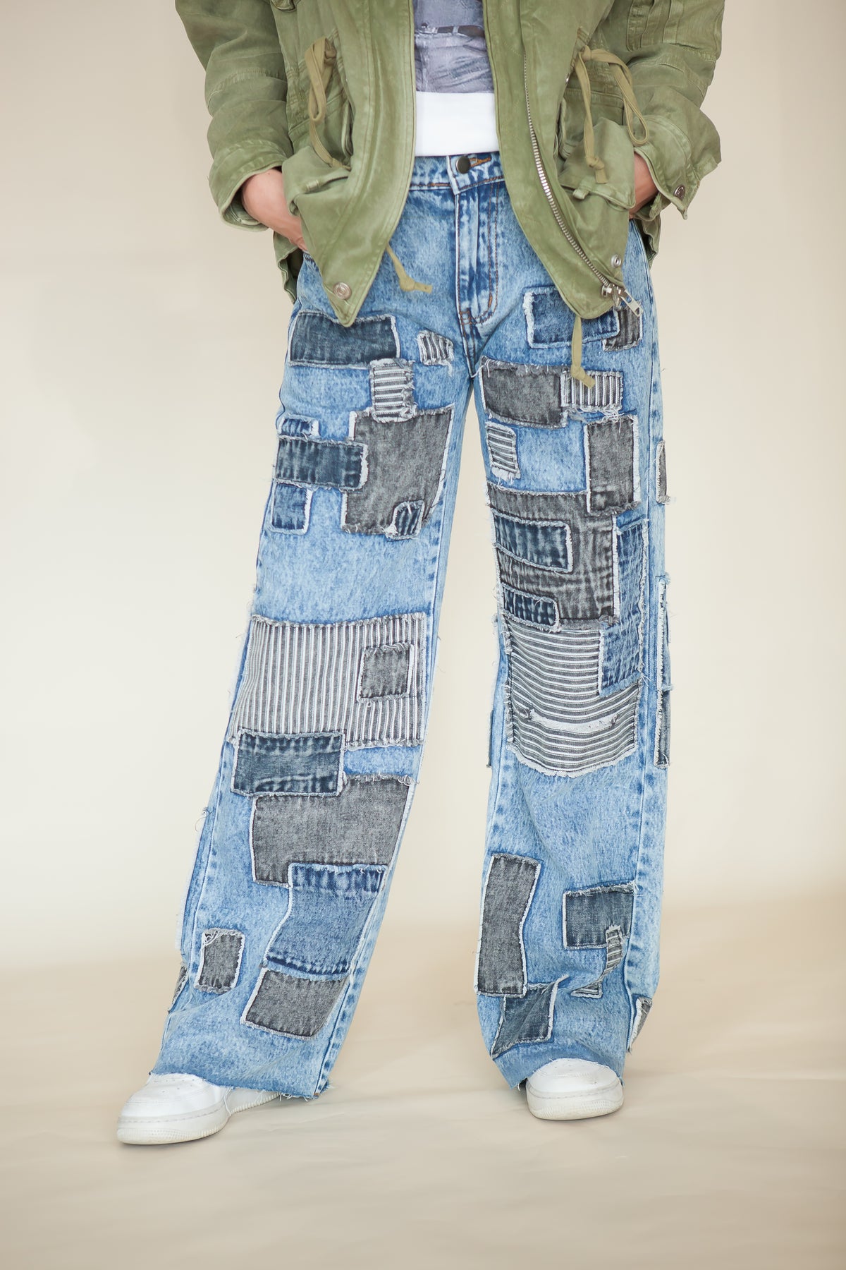 Mosaic Square Patchwork Wide Leg Jeans