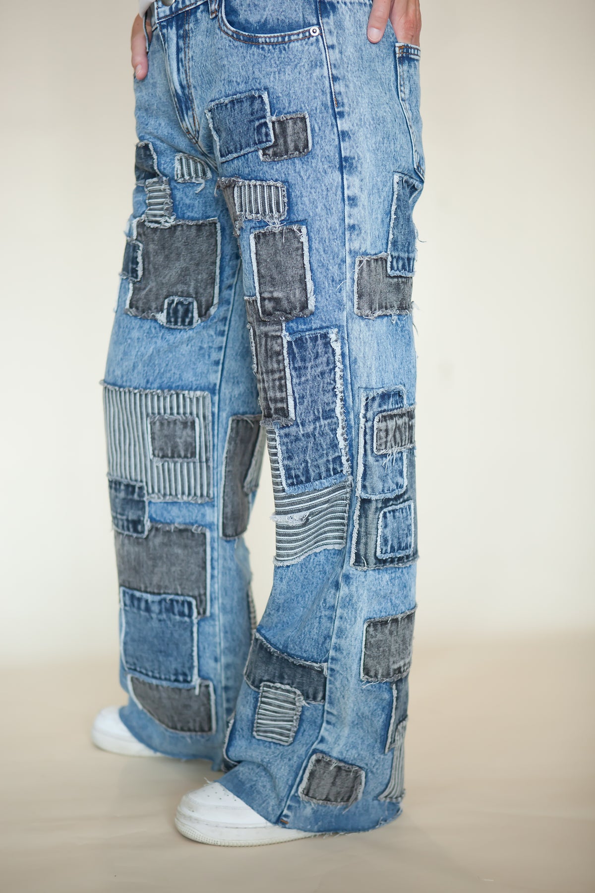 Mosaic Square Patchwork Wide Leg Jeans