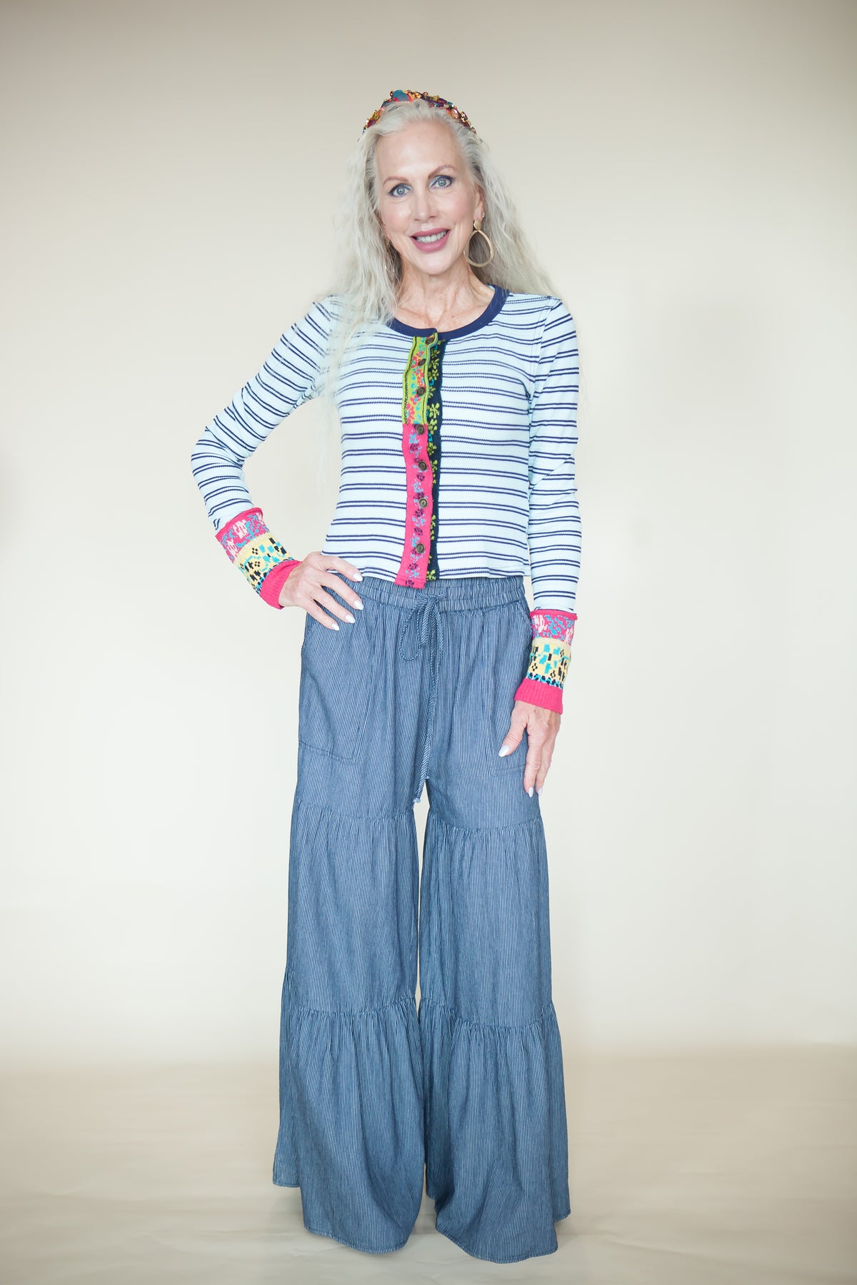 Monroe Pinstripe Wide Leg Tiered Pants
