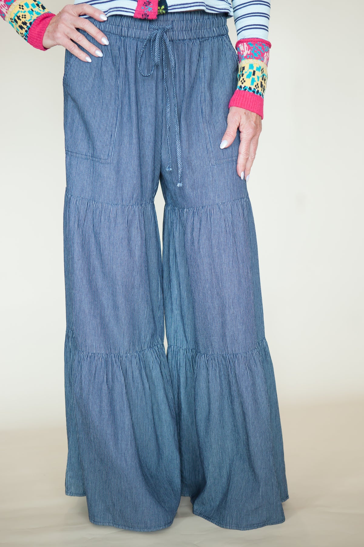 Monroe Pinstripe Wide Leg Tiered Pants