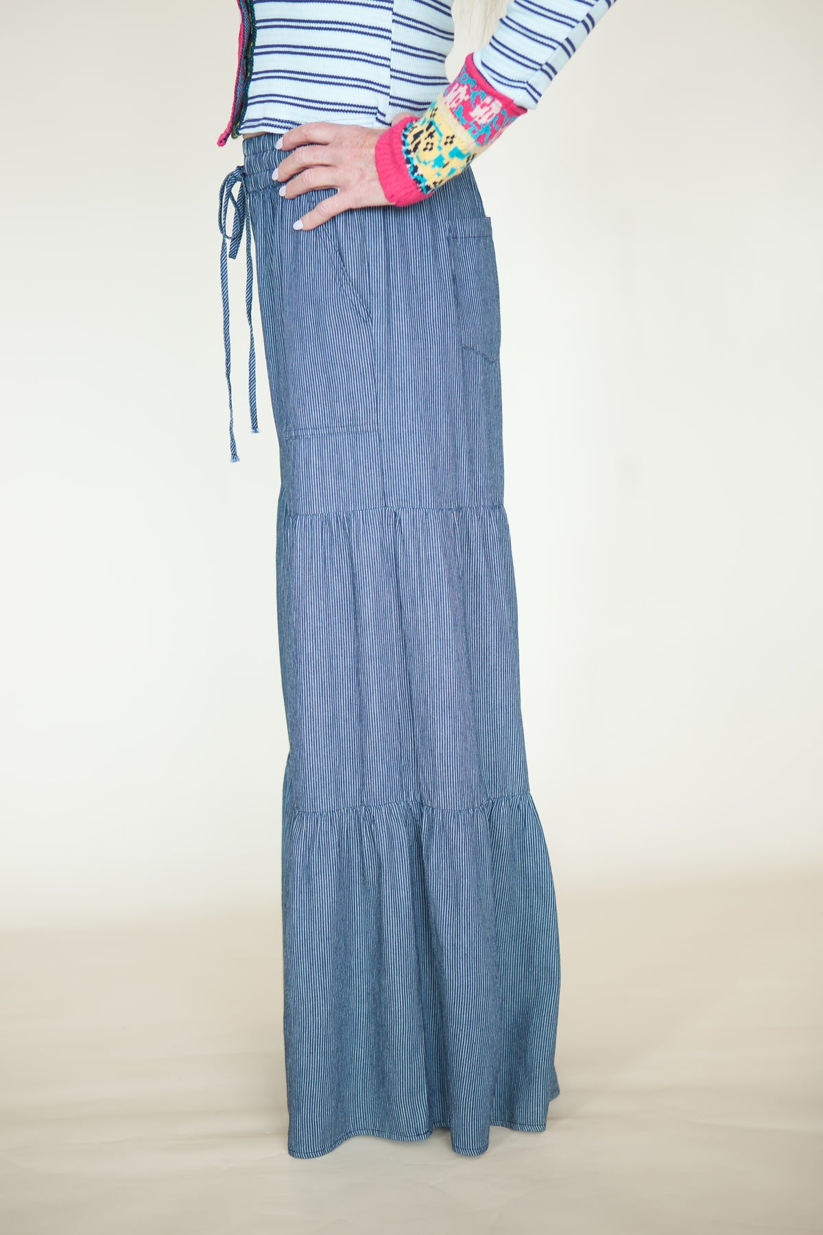 Monroe Pinstripe Wide Leg Tiered Pants