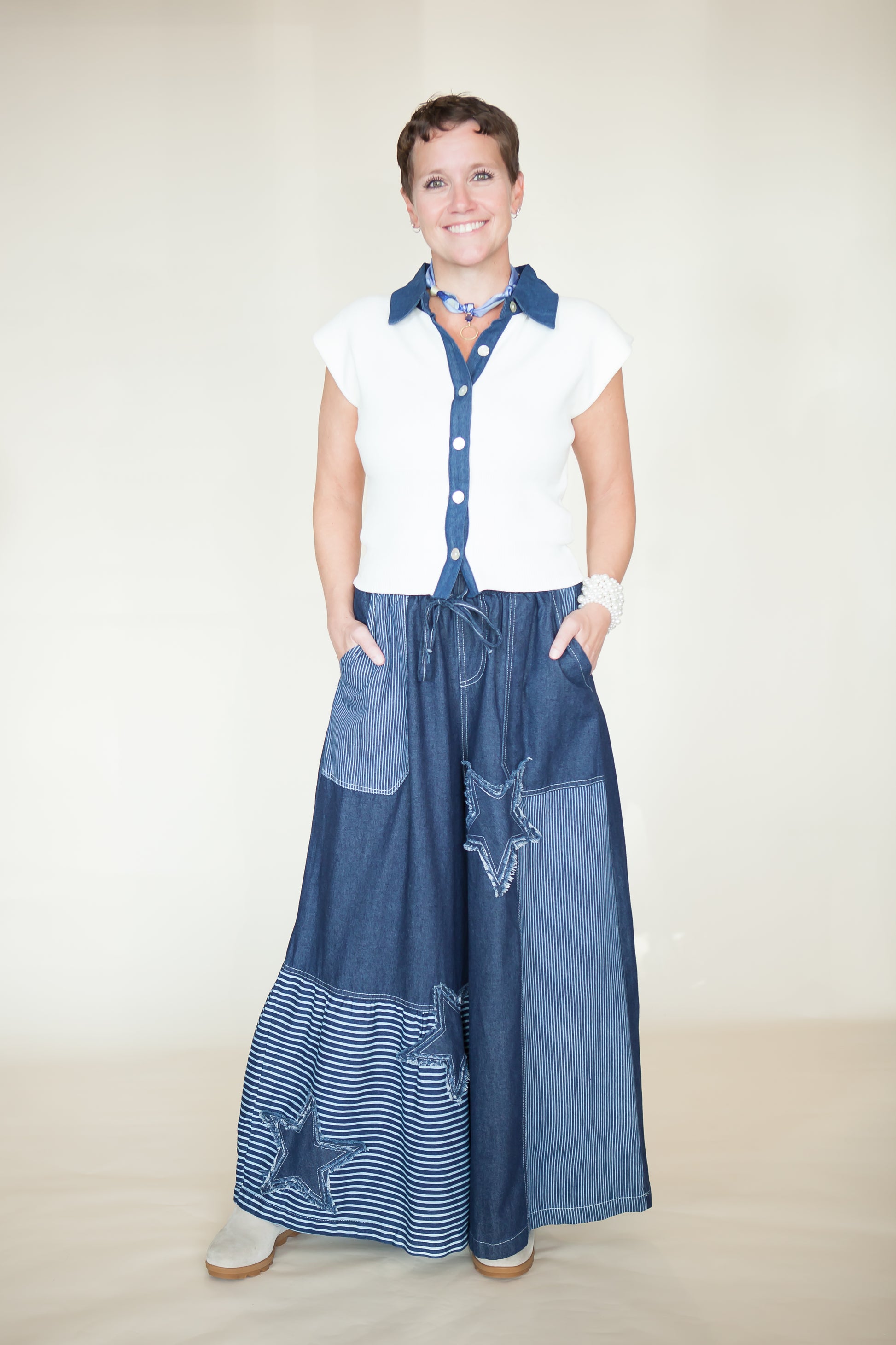 Denim Contrast Cap Sleeve Knit Top