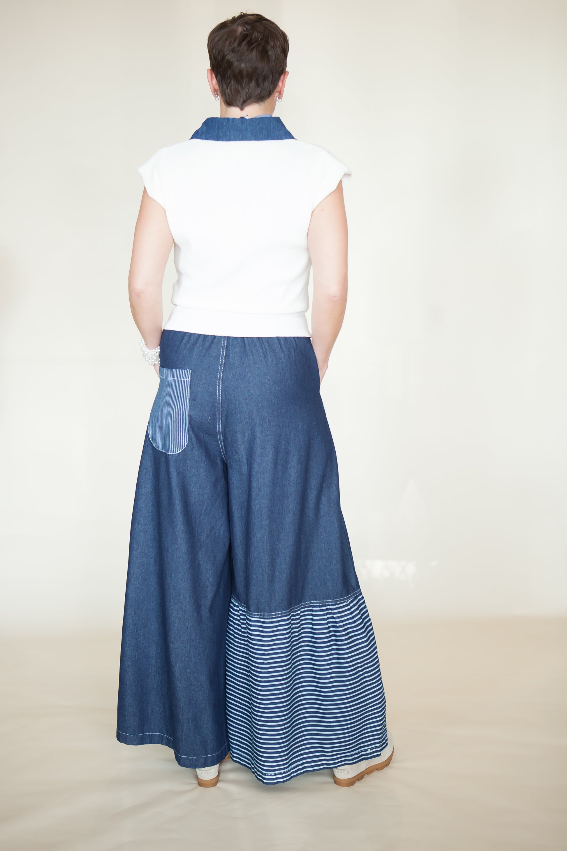 Denim Contrast Cap Sleeve Knit Top