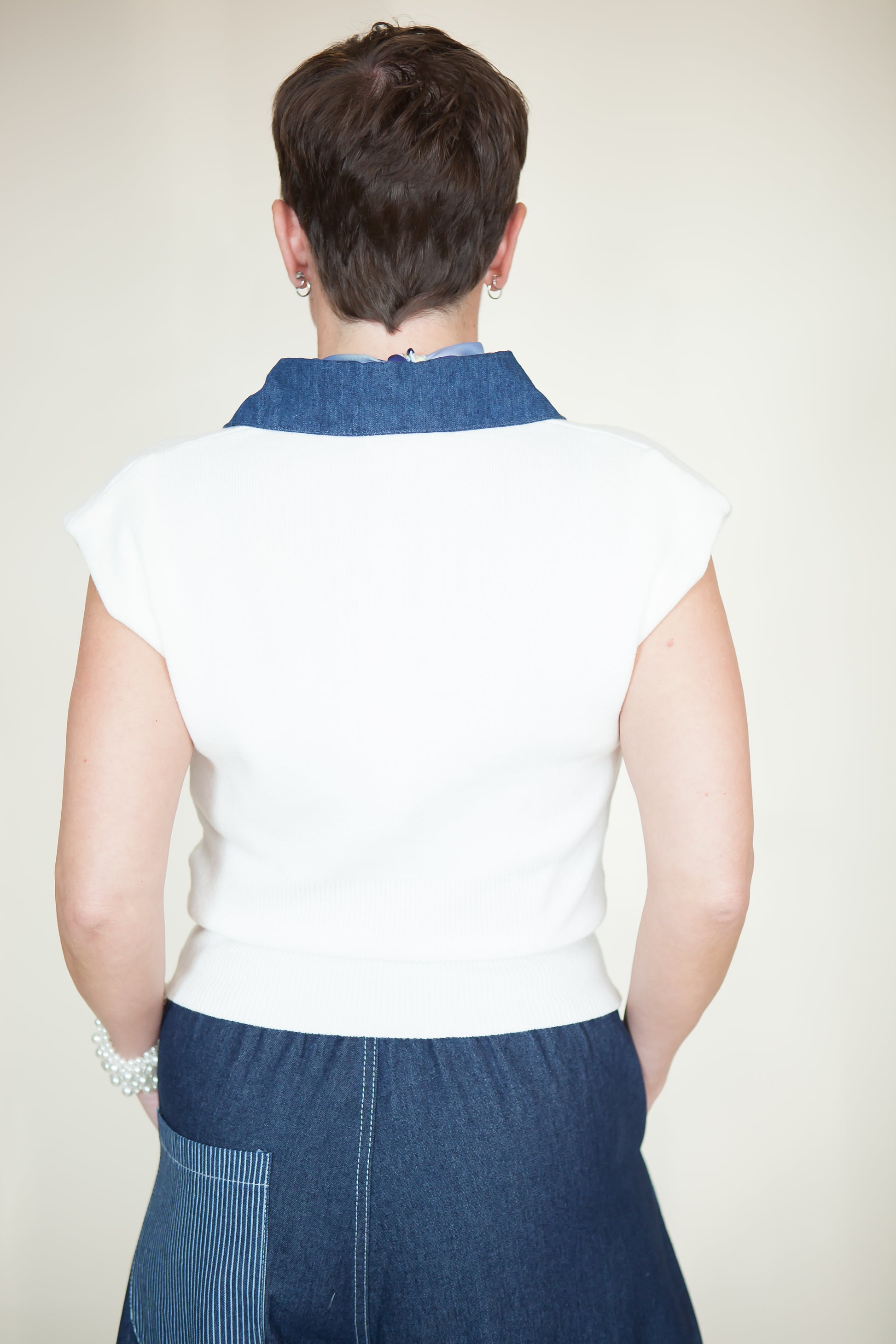 Denim Contrast Cap Sleeve Knit Top