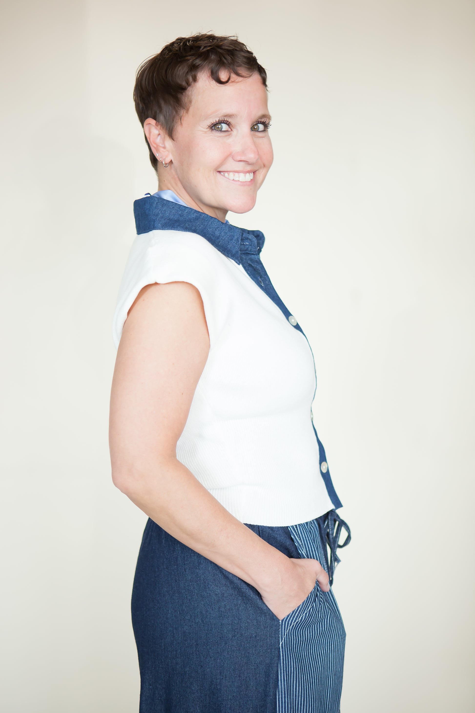 Denim Contrast Cap Sleeve Knit Top