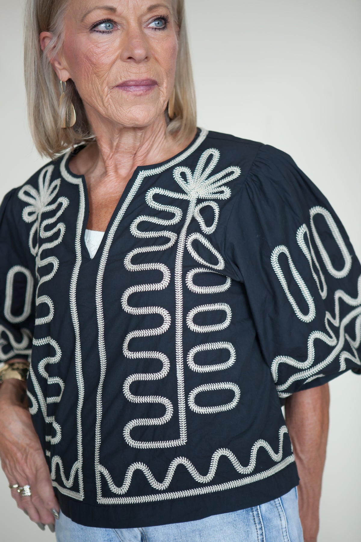 Flora Embroidered V Neck Top