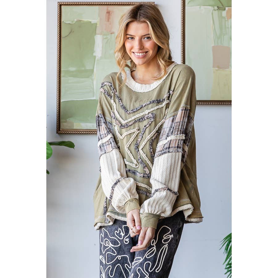 WASHED STAR PATCHWORK LONG SLEEVE KNIT TOP