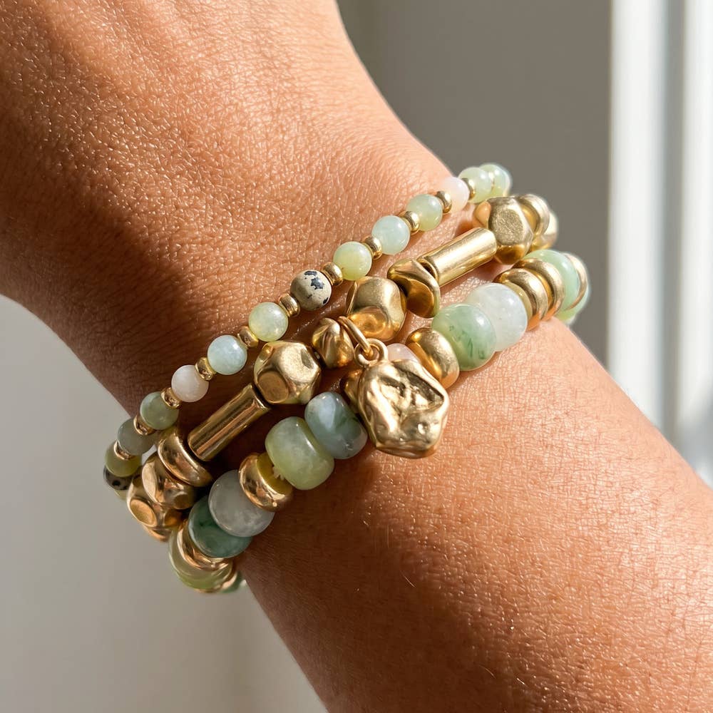 Semi Precious Stone And Metal Layered Bracelet Stack