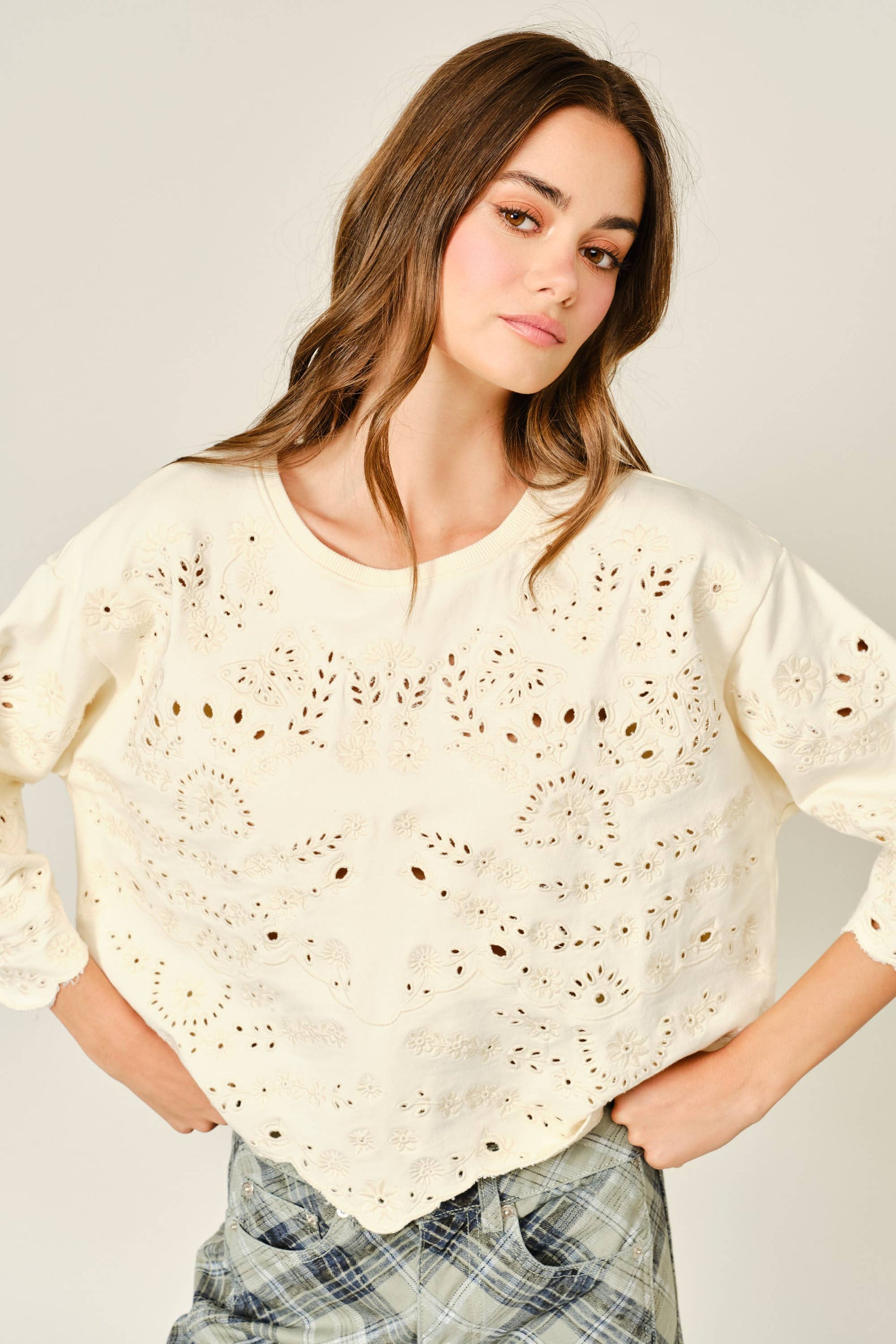 Terry Eyelet Short-Sleeve Sweatshirt