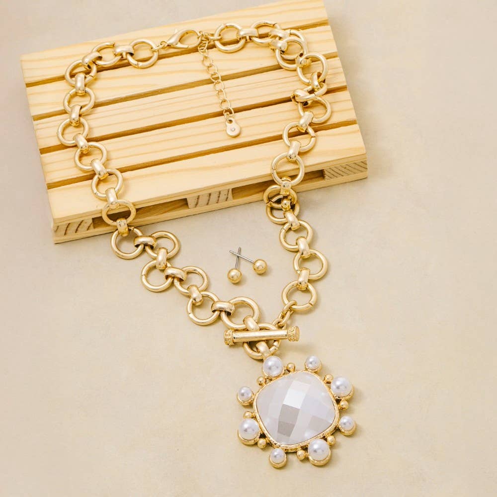 Chain Link Faceted Square Stone Pendant Necklace Set