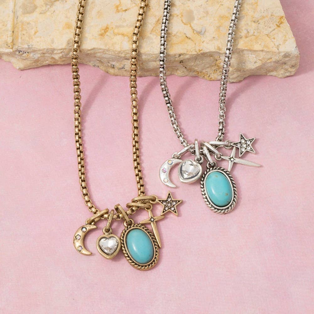 Western Turquoise & Celestial Multi-Charm Box Chain Necklace