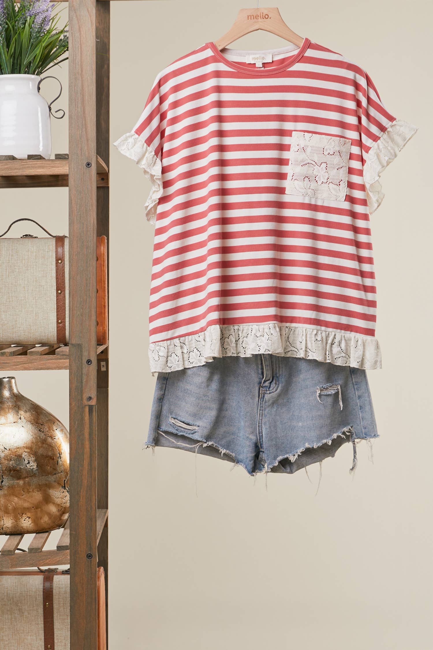 Striped Lace Trim Relaxed Top