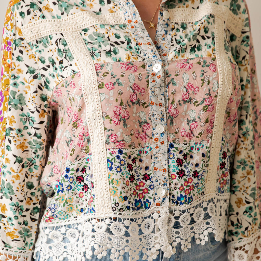 Boho Button Down Top Jacket in Multi Patchwork