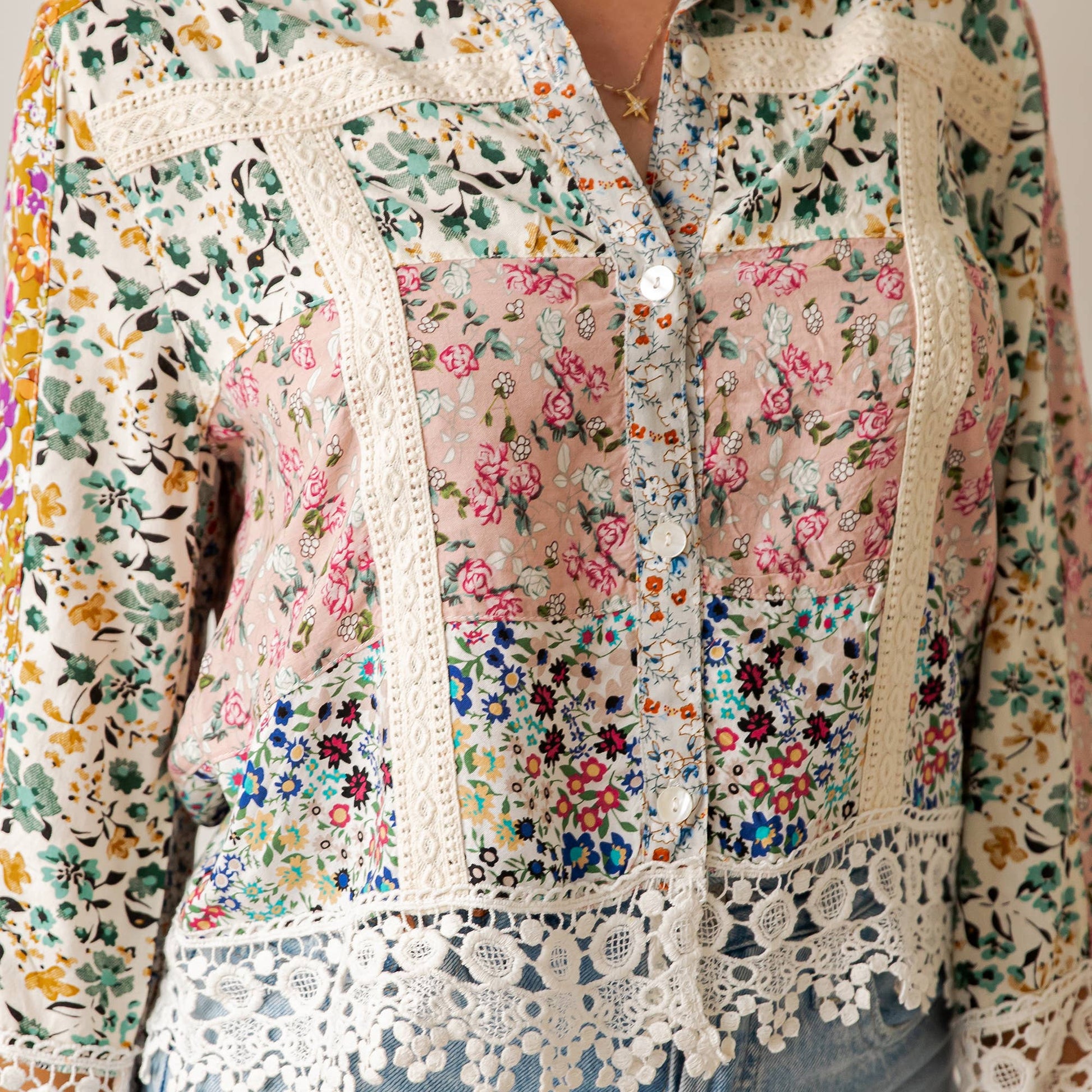 Boho Button Down Top Jacket in Multi Patchwork