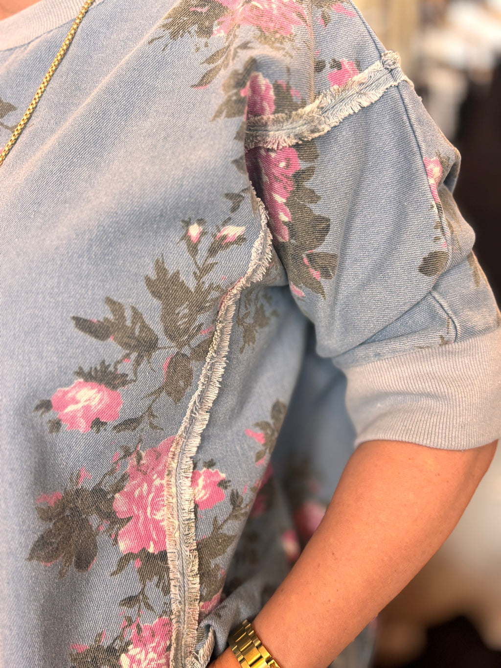 BiBi Elease Denim Floral Short Sleeve Top