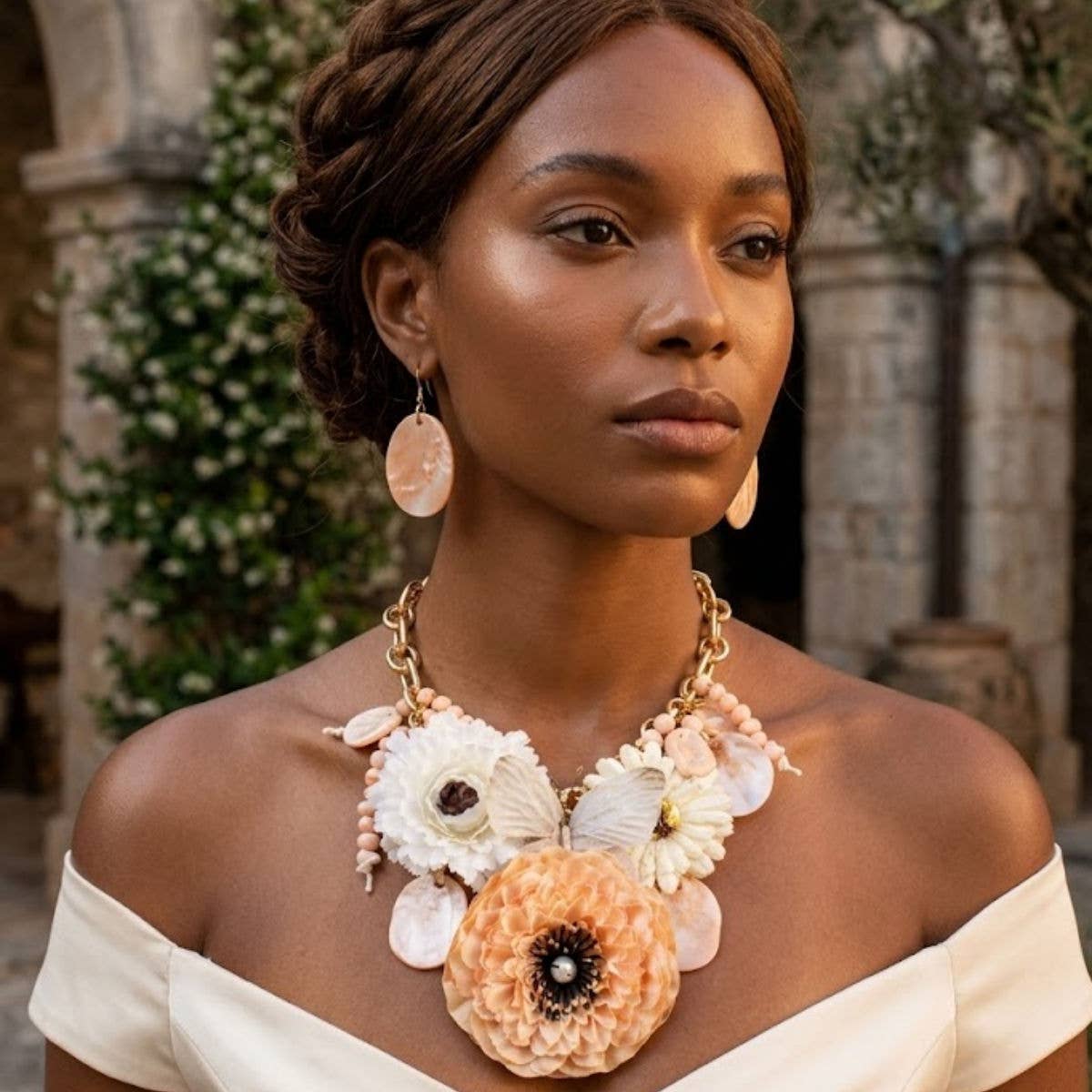 Chunky Faux Ivory Flower Butterfly Bib Necklace