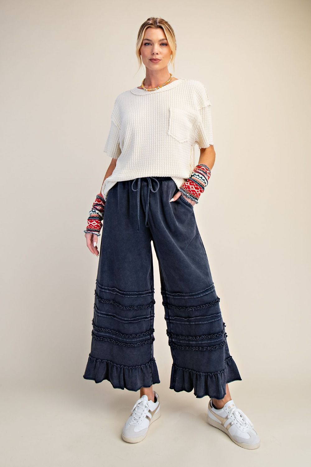 Easel Washed Terry Tiered Ruffle Wide Leg Pants