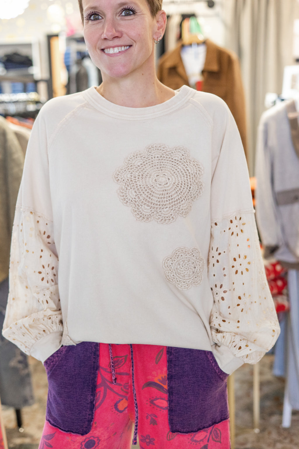 Easel Bestsellers Cotton Long Sleeve Meadow Stitch Top