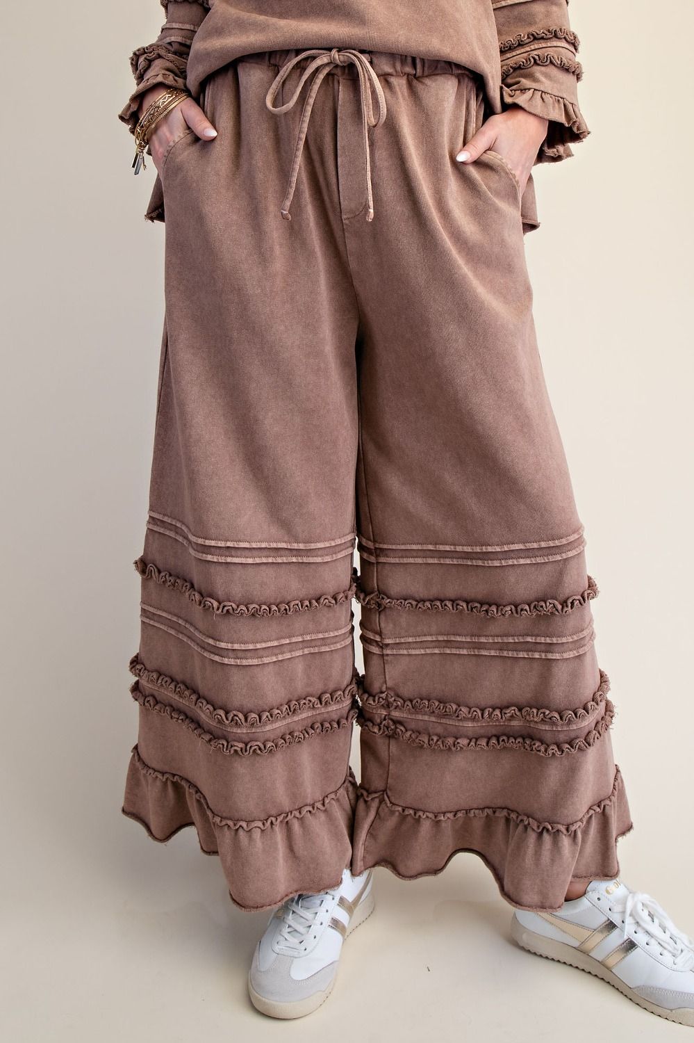 Easel Washed Terry Tiered Ruffle Wide Leg Pants
