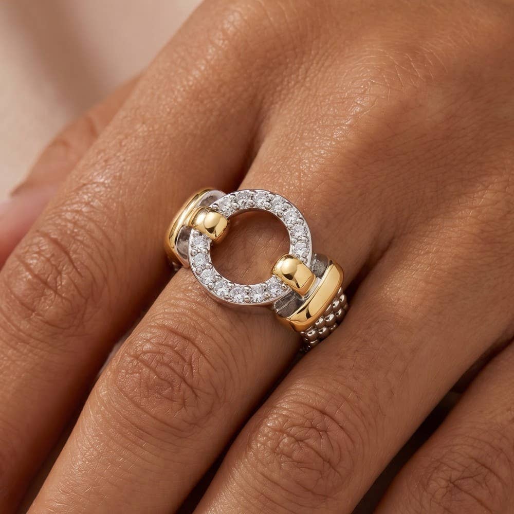 Gold Plated Two Tone Cz Pave Circle Signet Band Ring