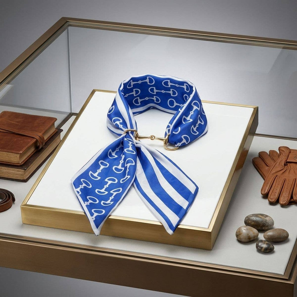 Horsebit Blue White Print Silky Scarf Necklace